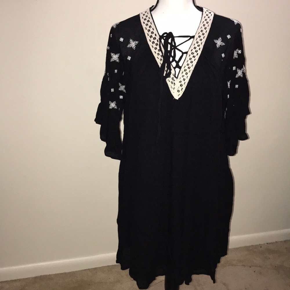 Black Lace-Up Neck Dress